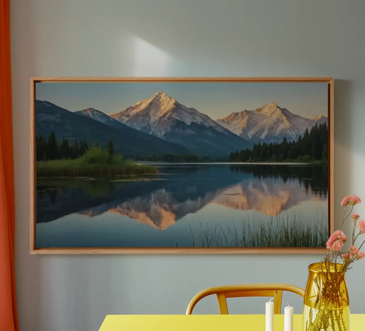 Riflessi di montagne maestose al crepuscolo su un lago tela da DesignDoodle