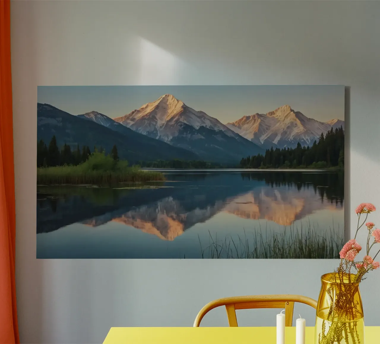 Riflessi di montagne maestose al crepuscolo su un lago tela da DesignDoodle