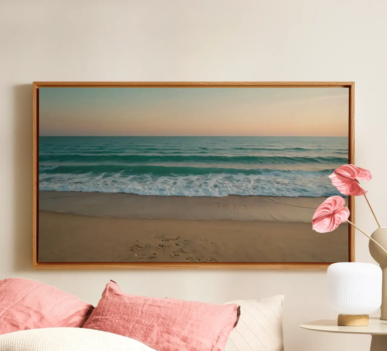Soft waves lap against golden sand under a colorful sky canvas by DesignDoodle