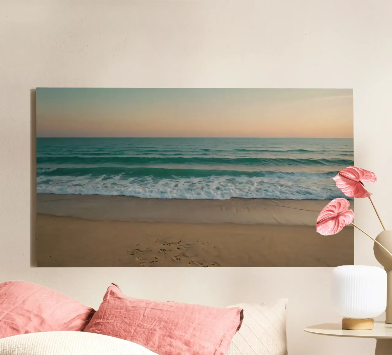 Soft waves lap against golden sand under a colorful sky canvas by DesignDoodle