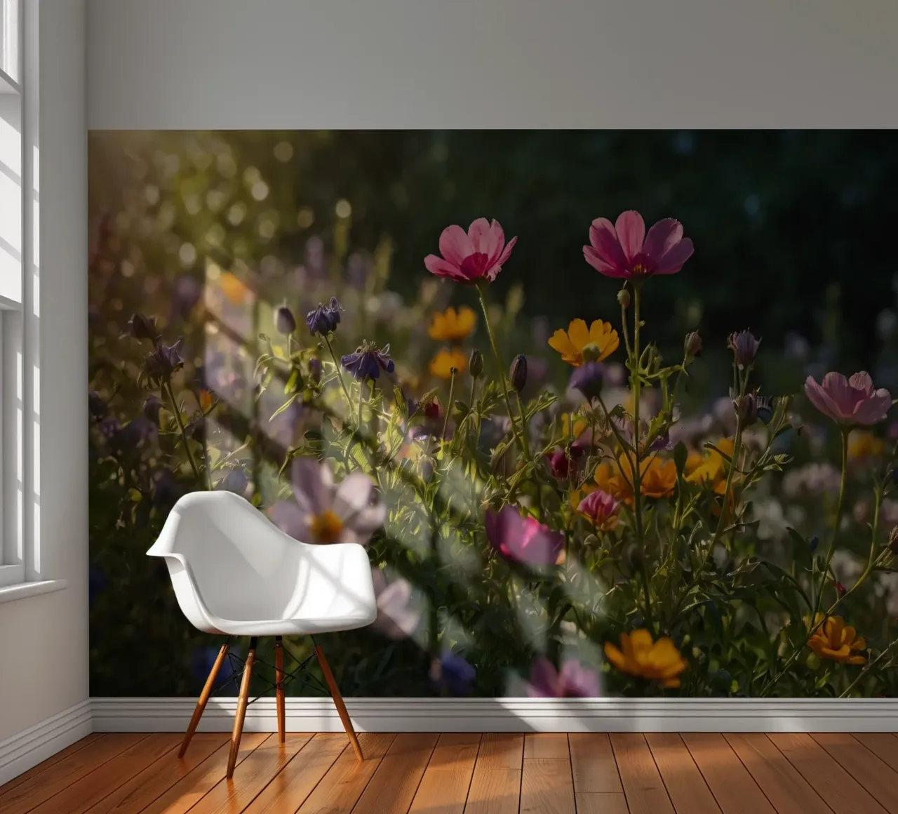 Colorful wildflowers in a sunlit garden during late spring photo wallpaper by DesignDoodle