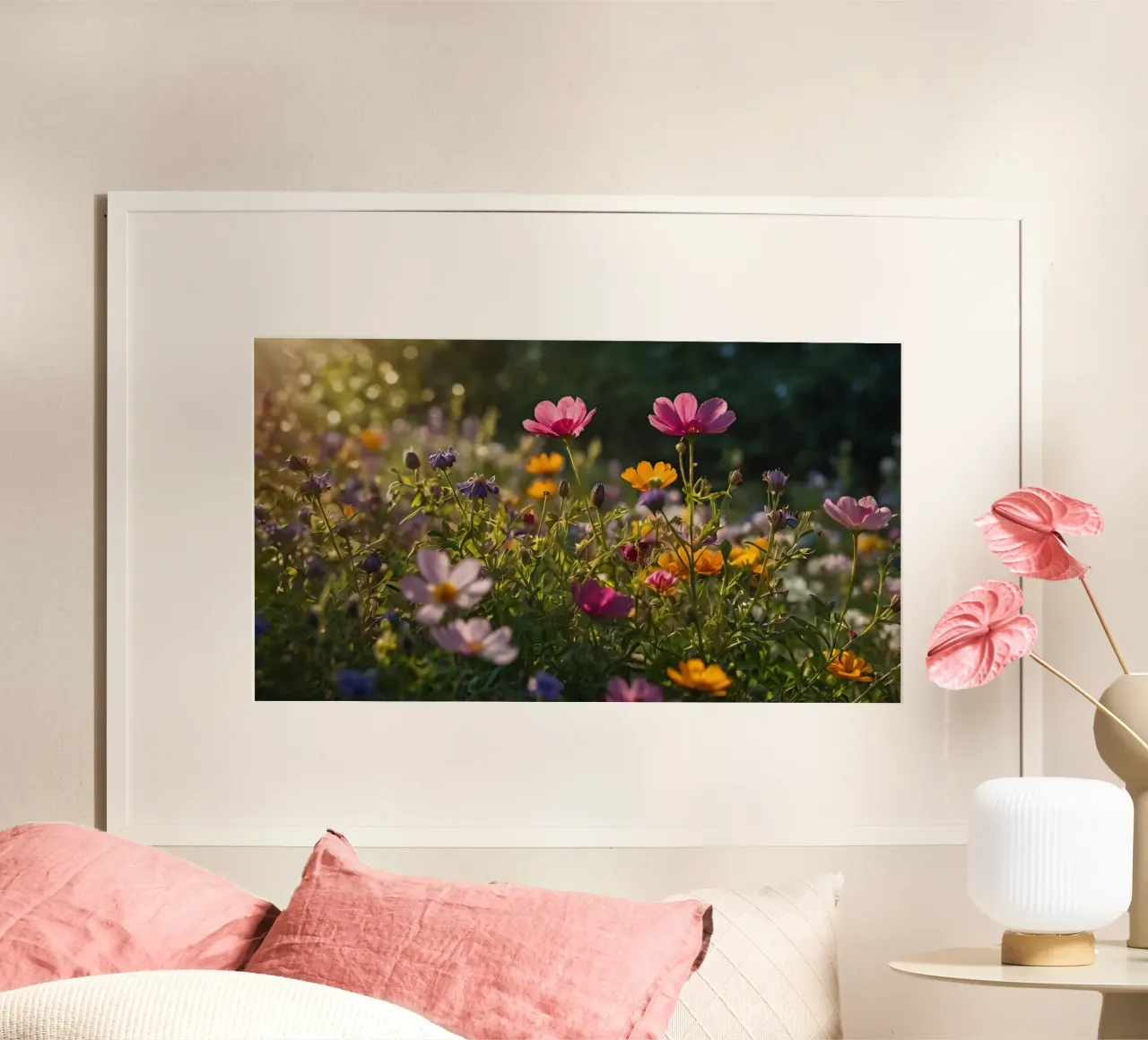 Fiori di campo colorati in un giardino illuminato dal sole in tarda primavera poster con telaio in alluminio da DesignDoodle
