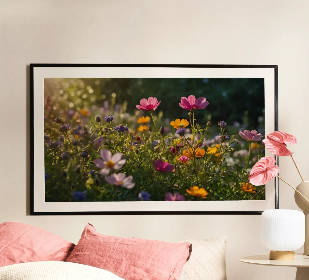 Fiori di campo colorati in un giardino illuminato dal sole in tarda primavera poster con telaio in alluminio da DesignDoodle