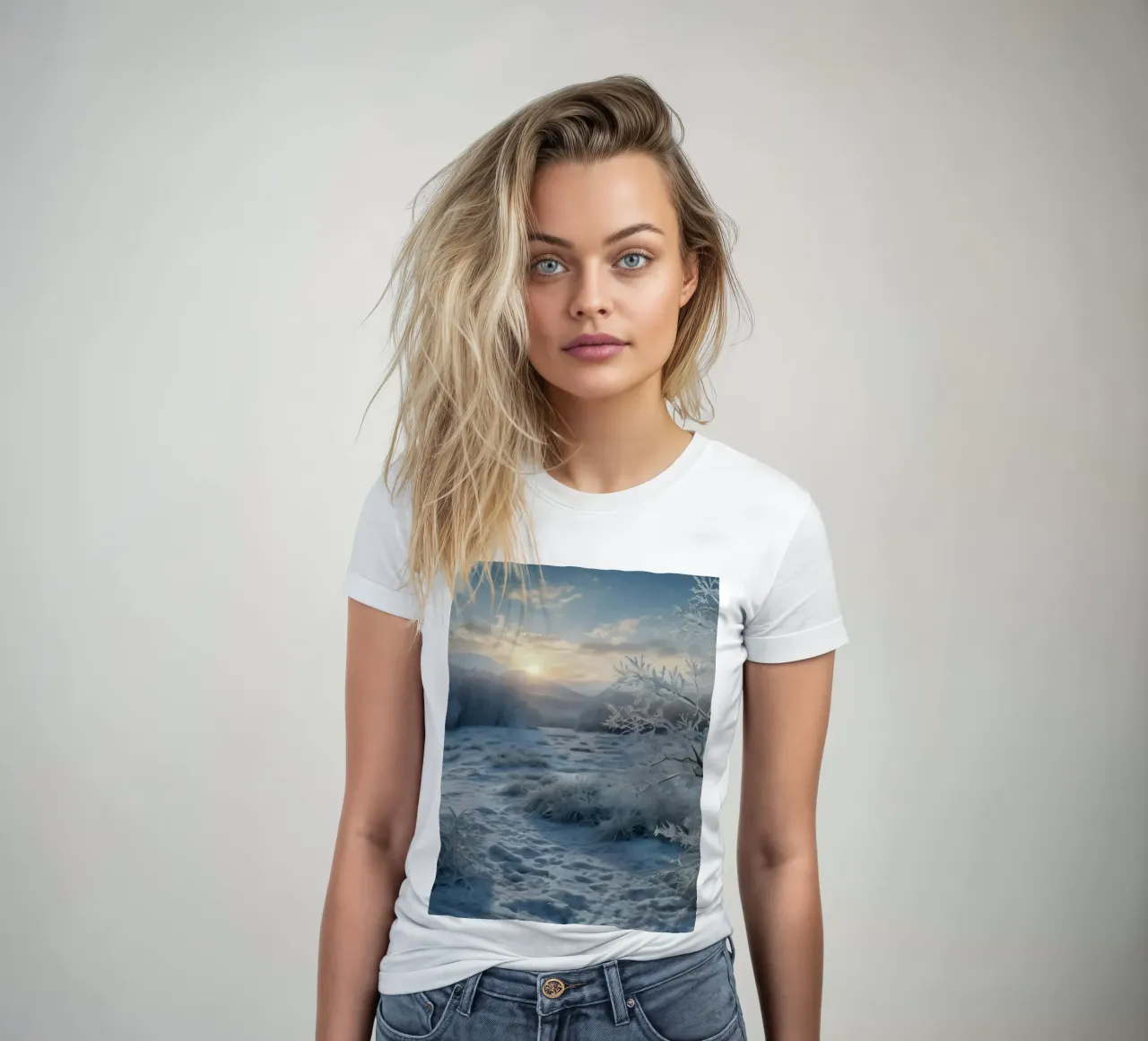 Winter sun rises over a frosty meadow surrounded by trees women's fitted t-shirt by DesignDoodle
