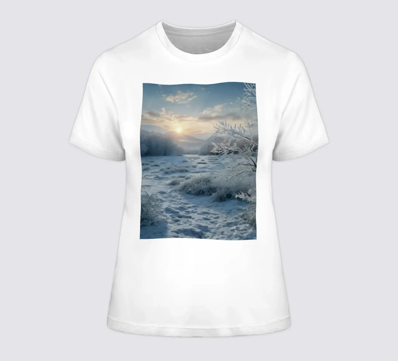 Winter sun rises over a frosty meadow surrounded by trees women's fitted t-shirt by DesignDoodle