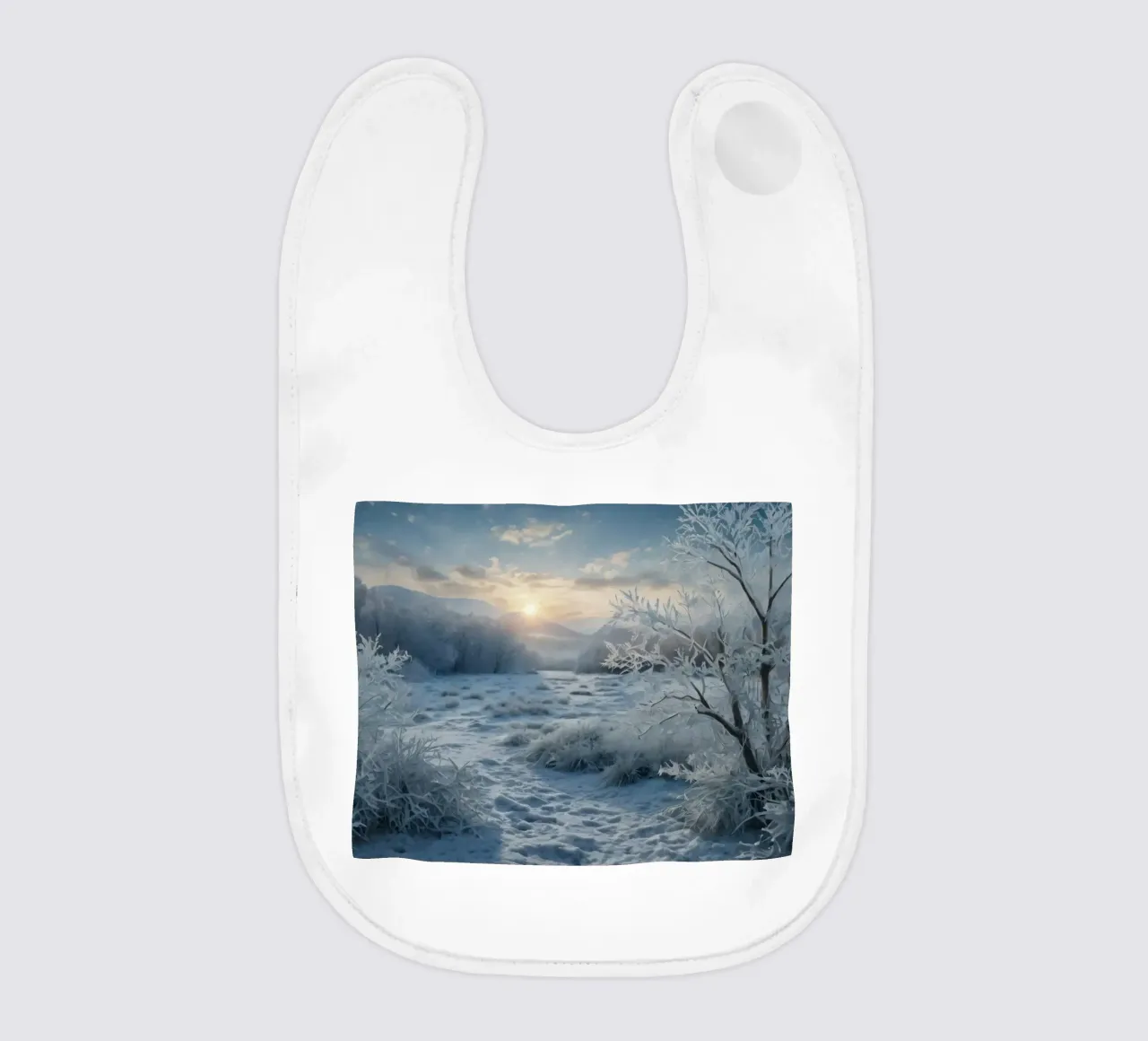 Die Wintersonne geht über einer frostigen, von Bäumen umgebenen Wiese auf Babylätzchen von DesignDoodle