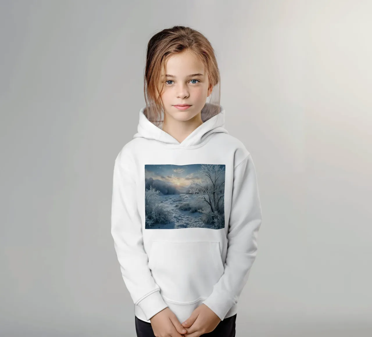 Winter sun rises over a frosty meadow surrounded by trees kids hoodie by DesignDoodle