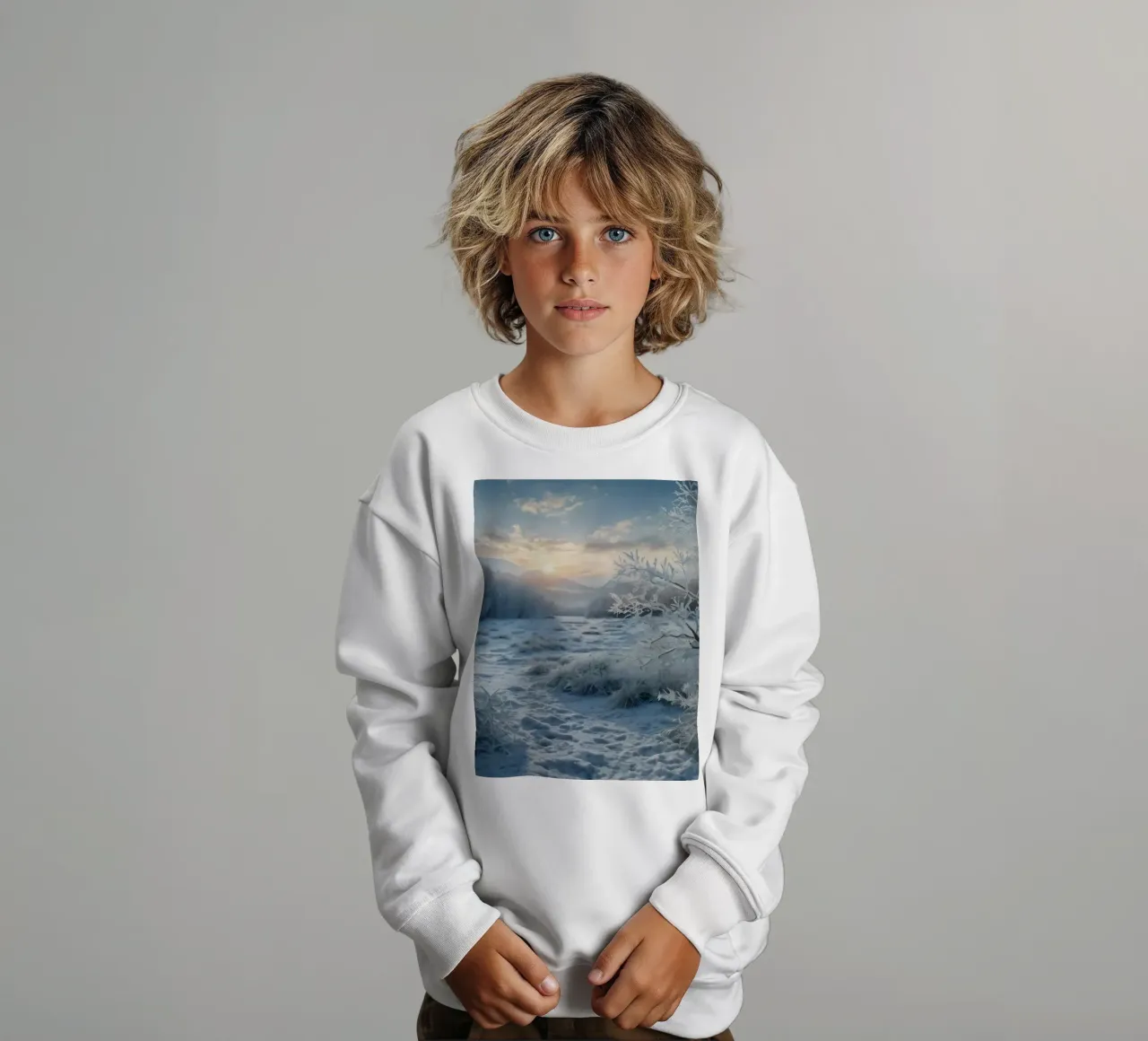 Winter sun rises over a frosty meadow surrounded by trees kids sweatshirt by DesignDoodle