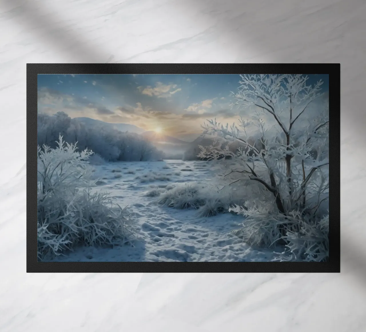 Winter sun rises over a frosty meadow surrounded by trees doormat by DesignDoodle