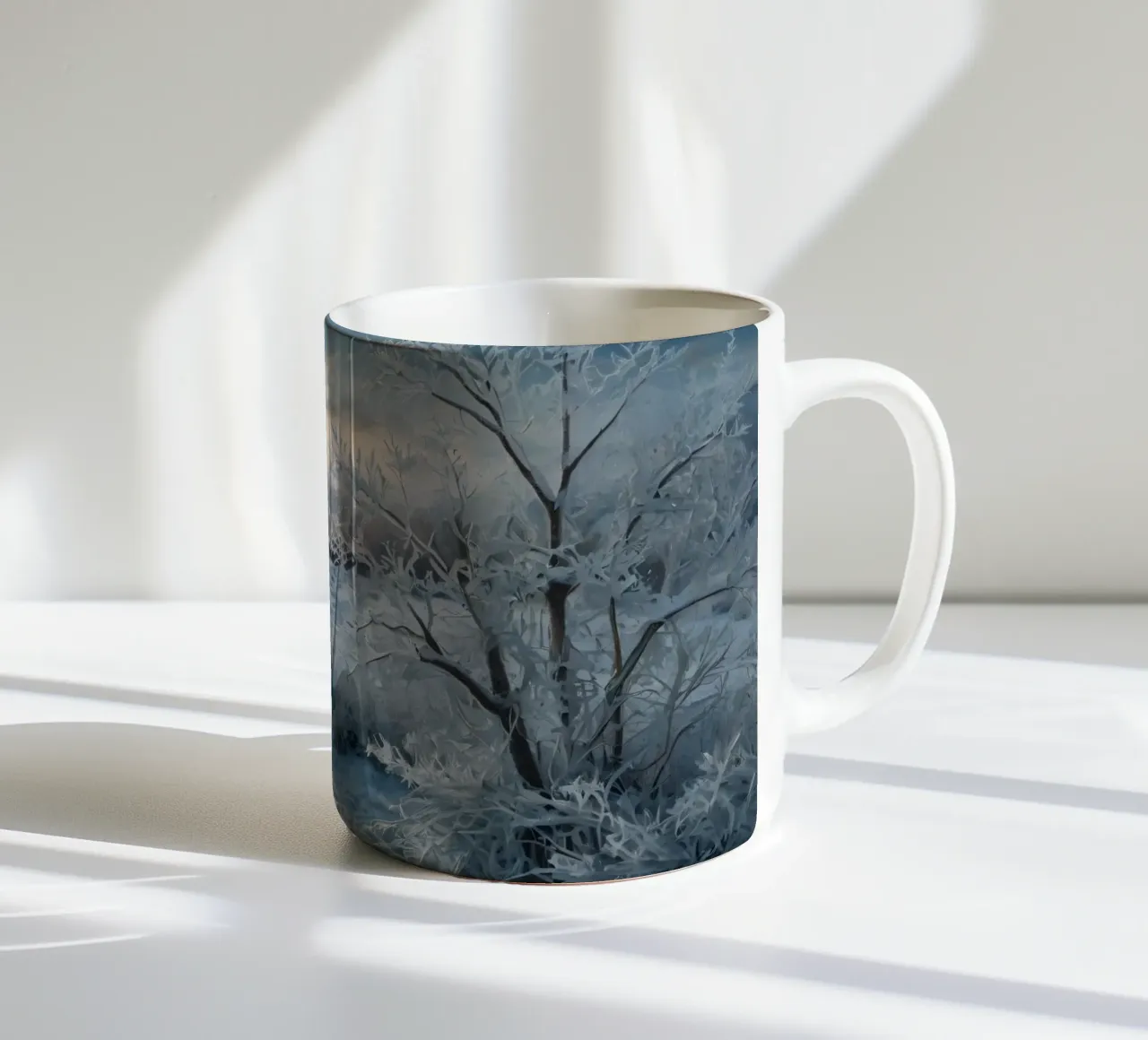 Die Wintersonne geht über einer frostigen, von Bäumen umgebenen Wiese auf Keramik Tasse von DesignDoodle