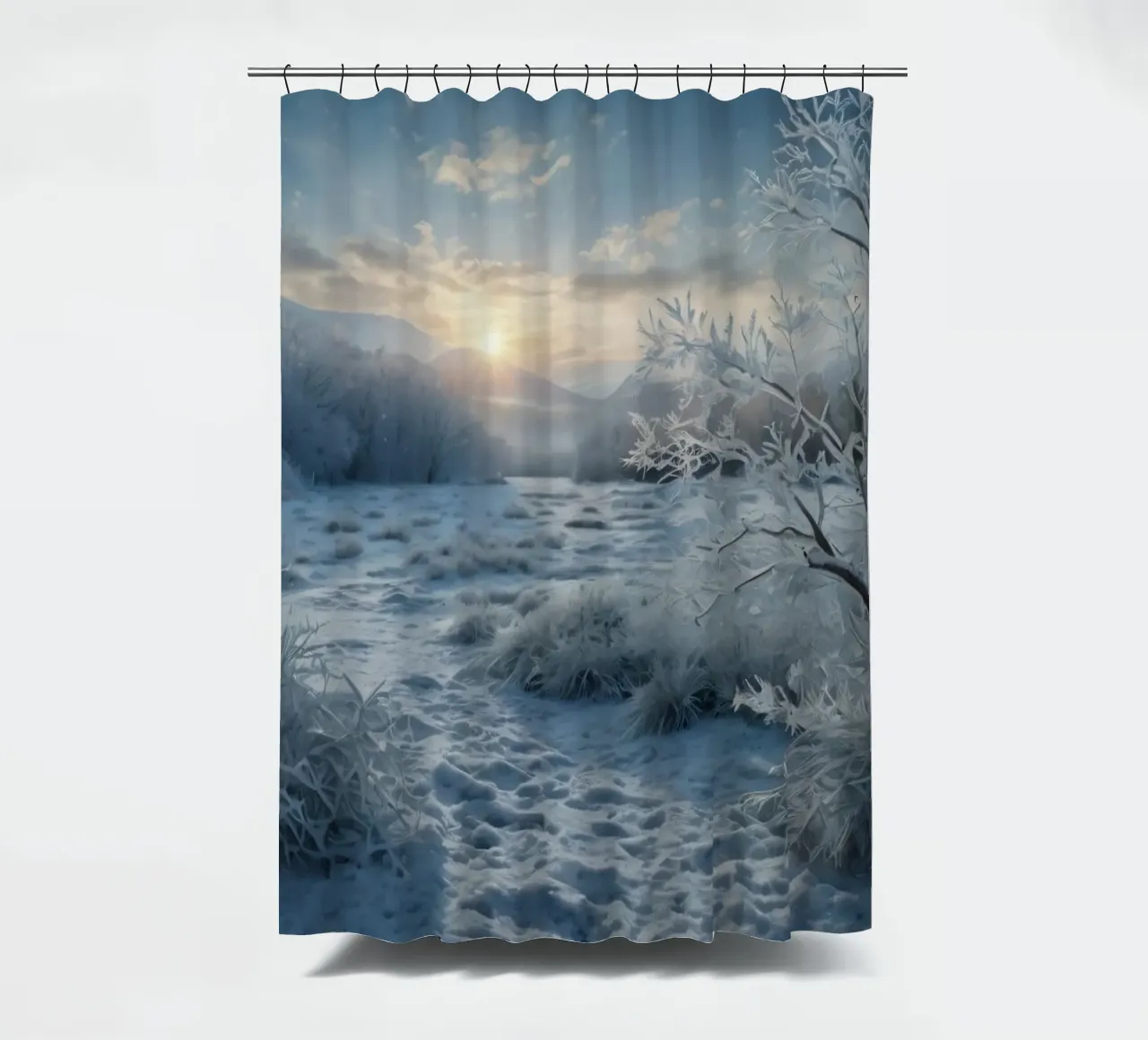 Die Wintersonne geht über einer frostigen, von Bäumen umgebenen Wiese auf Duschvorhang von DesignDoodle