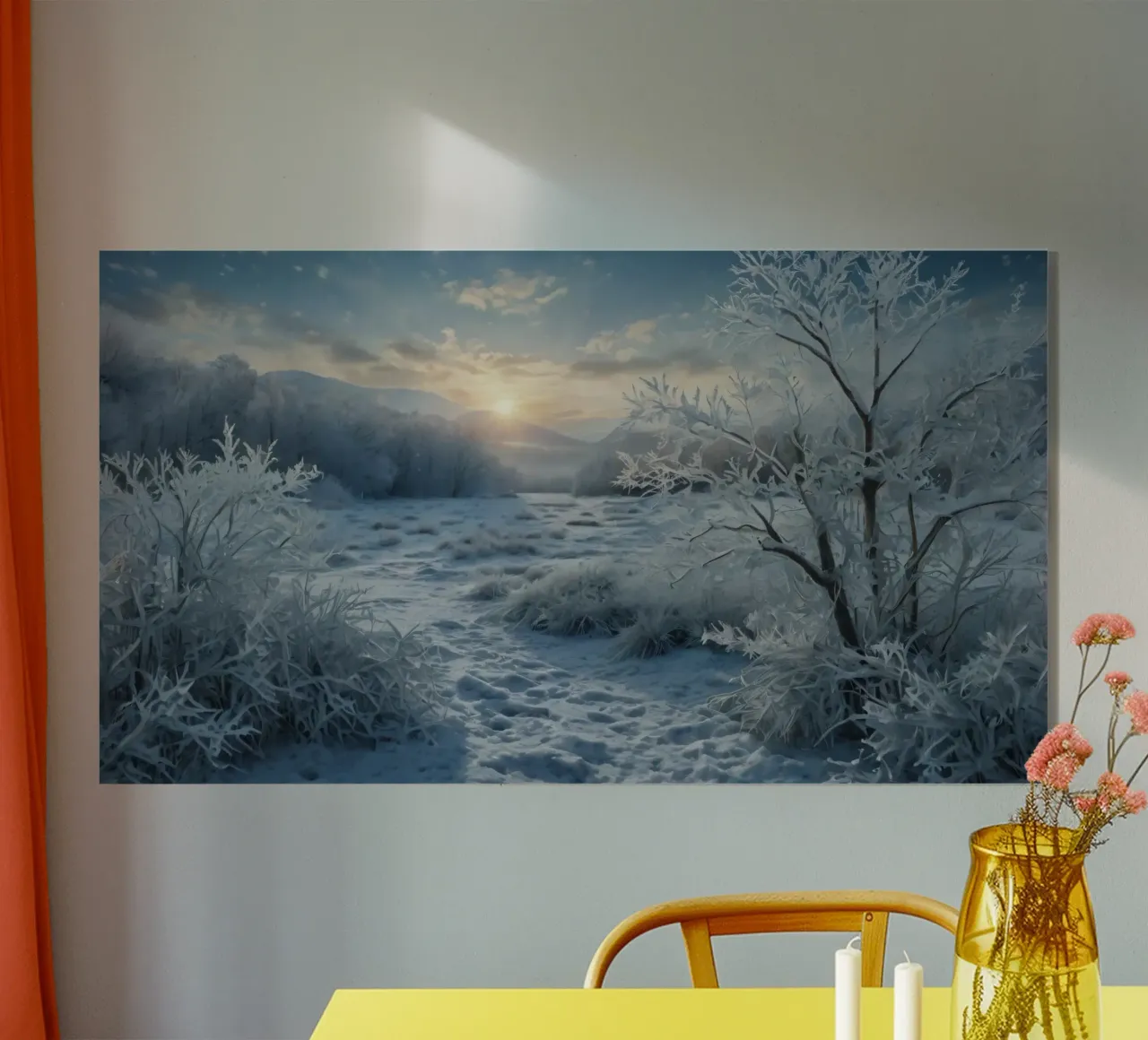 Die Wintersonne geht über einer frostigen, von Bäumen umgebenen Wiese auf Acryl-Glas von DesignDoodle