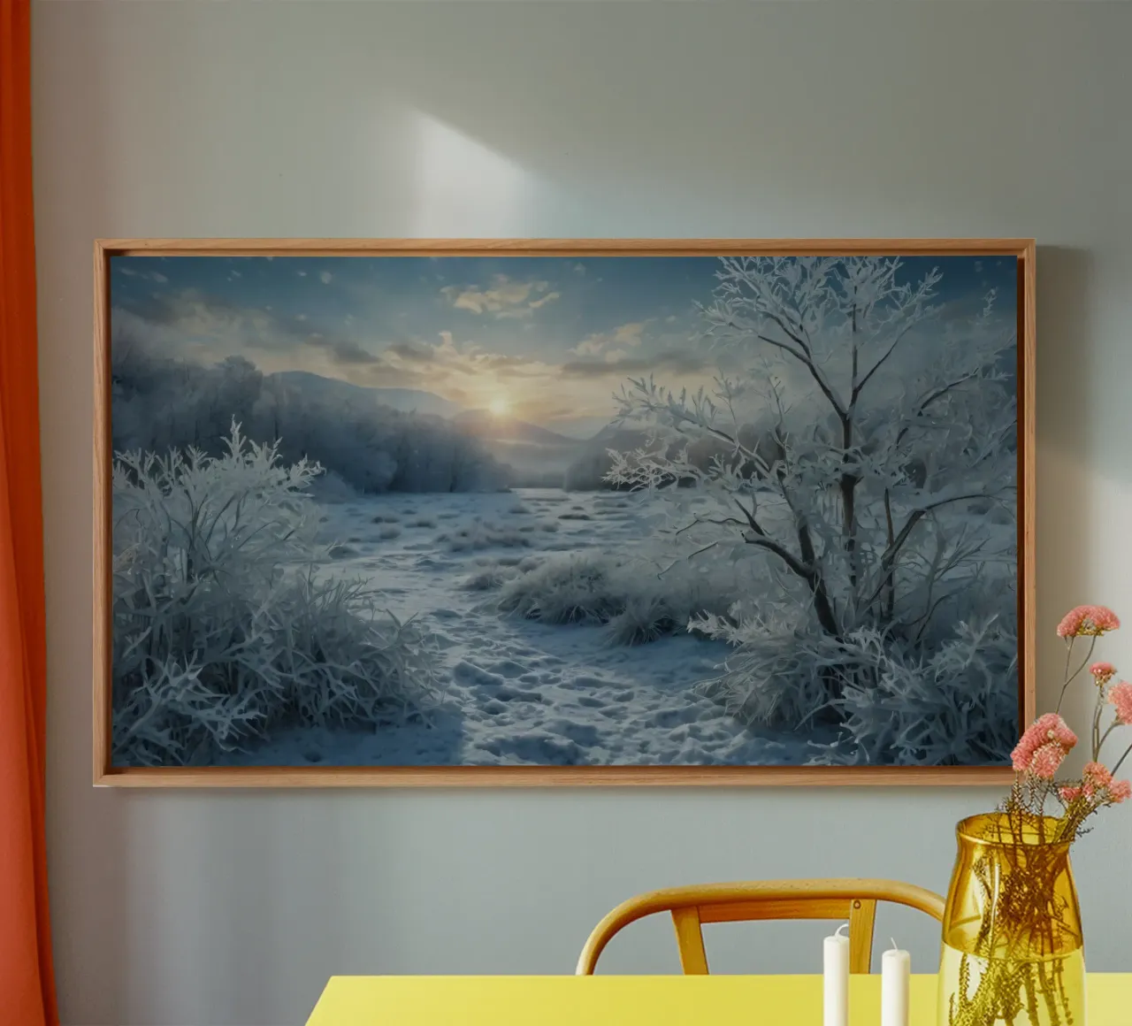 Die Wintersonne geht über einer frostigen, von Bäumen umgebenen Wiese auf Leinwand mit Schattenfugenrahmen von DesignDoodle