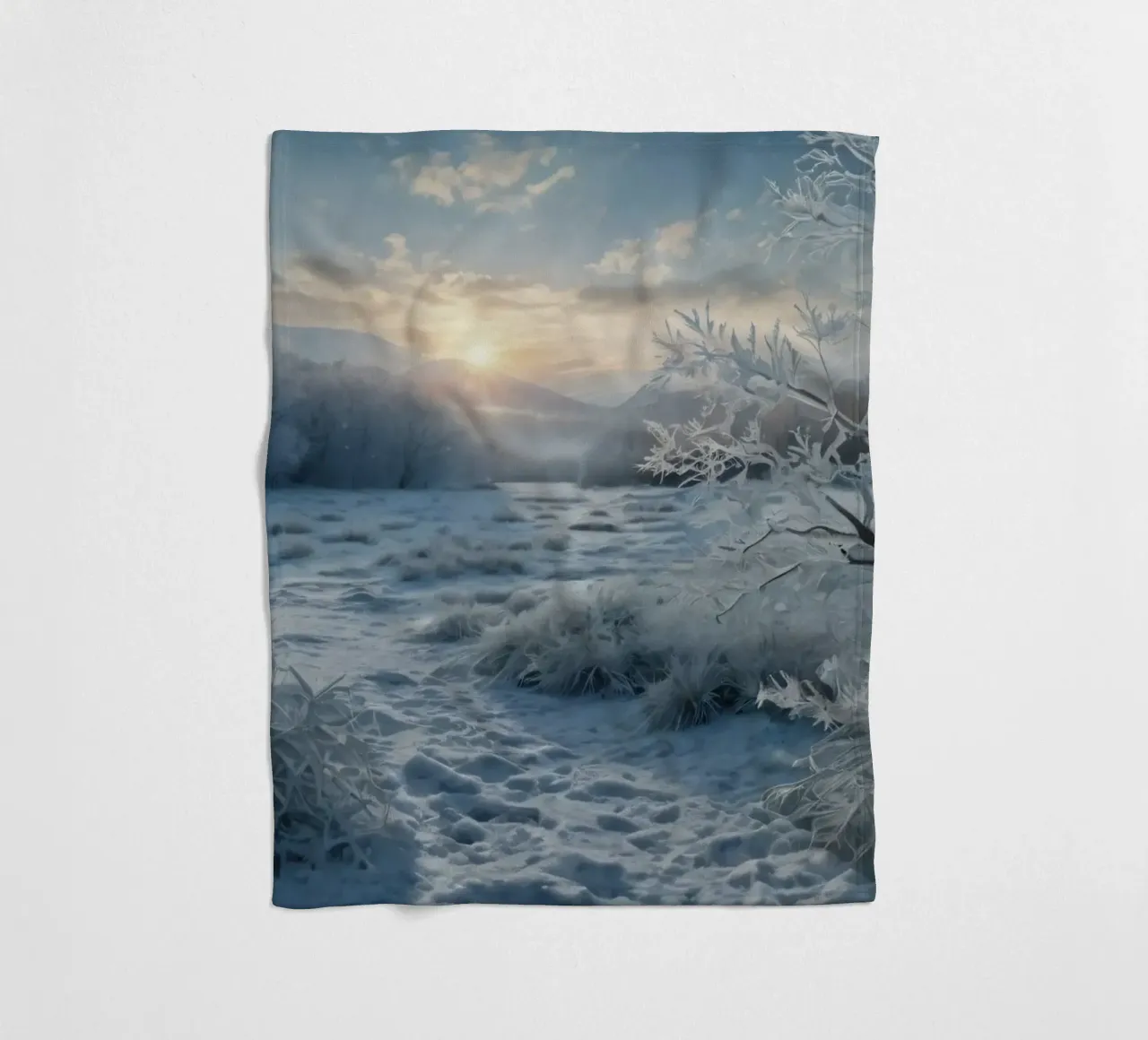 Die Wintersonne geht über einer frostigen, von Bäumen umgebenen Wiese auf Fleecedecke von DesignDoodle