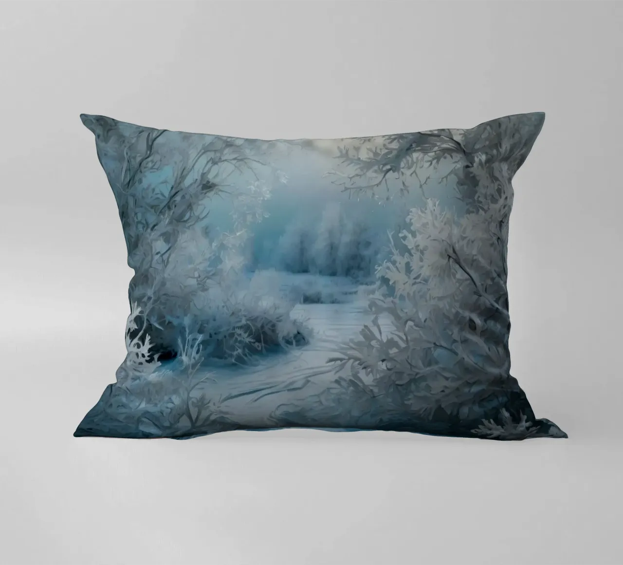 Paesaggio invernale con alberi smerigliati e fiume ghiacciato cuscino da DesignDoodle