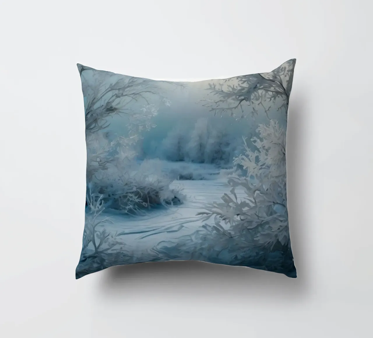 Paesaggio invernale con alberi smerigliati e fiume ghiacciato cuscino da DesignDoodle