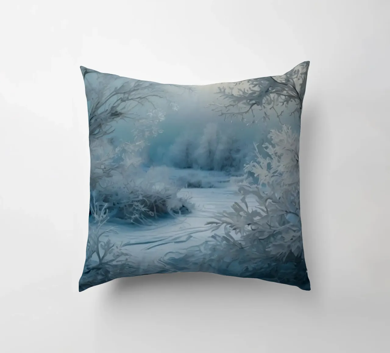 Paesaggio invernale con alberi smerigliati e fiume ghiacciato cuscino da DesignDoodle