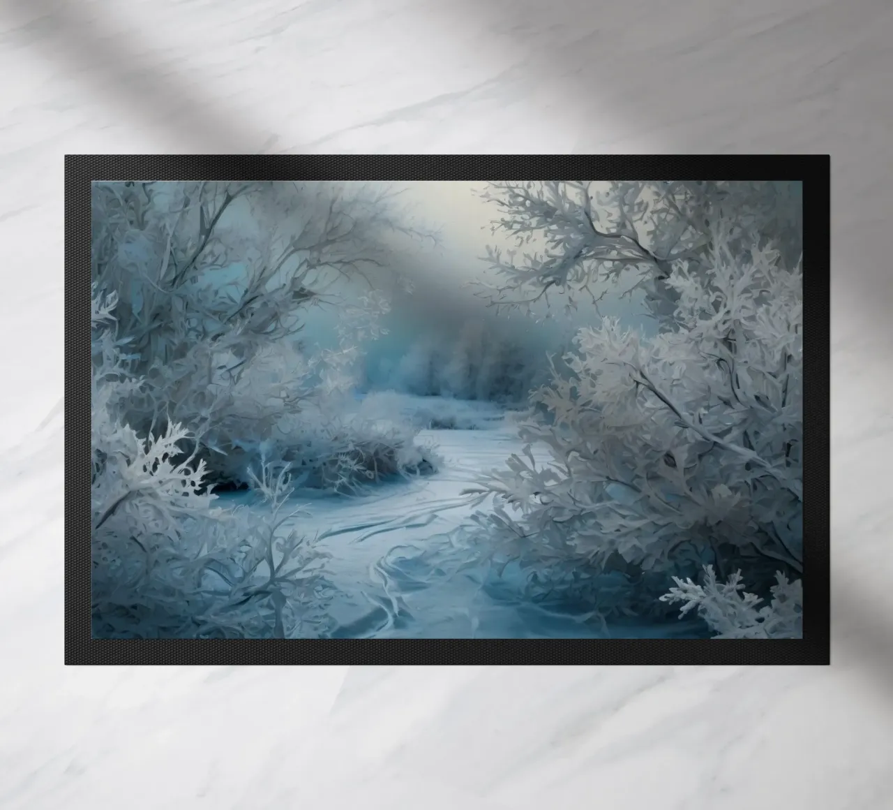 Paesaggio invernale con alberi smerigliati e fiume ghiacciato zerbino da DesignDoodle