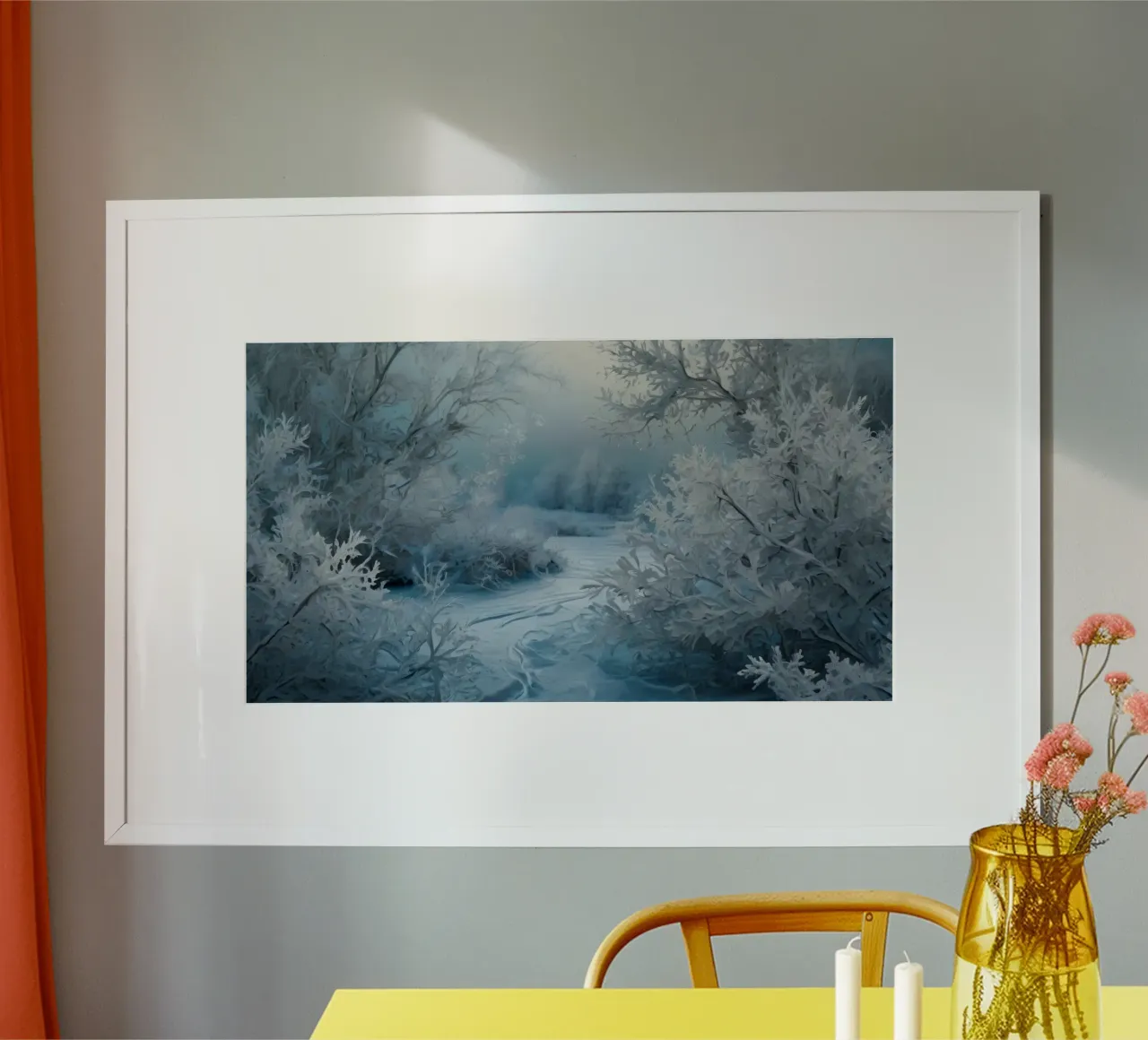 Paesaggio invernale con alberi smerigliati e fiume ghiacciato poster con telaio in alluminio da DesignDoodle
