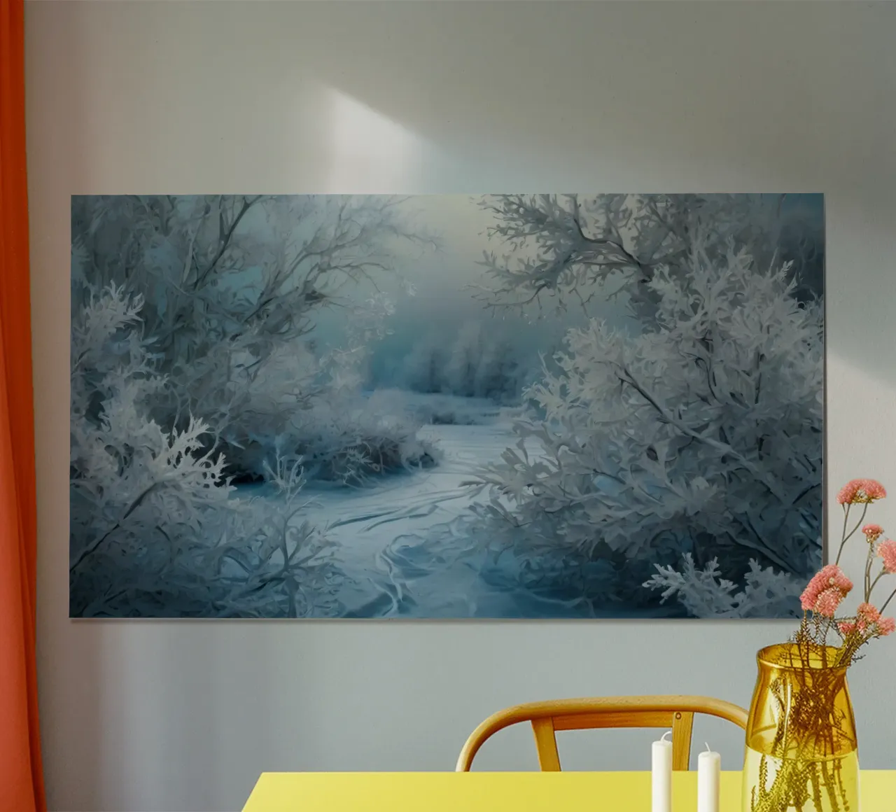 Paesaggio invernale con alberi smerigliati e fiume ghiacciato poster con telaio in alluminio da DesignDoodle
