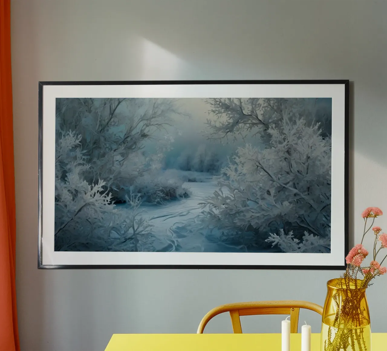 Paesaggio invernale con alberi smerigliati e fiume ghiacciato poster con telaio in alluminio da DesignDoodle
