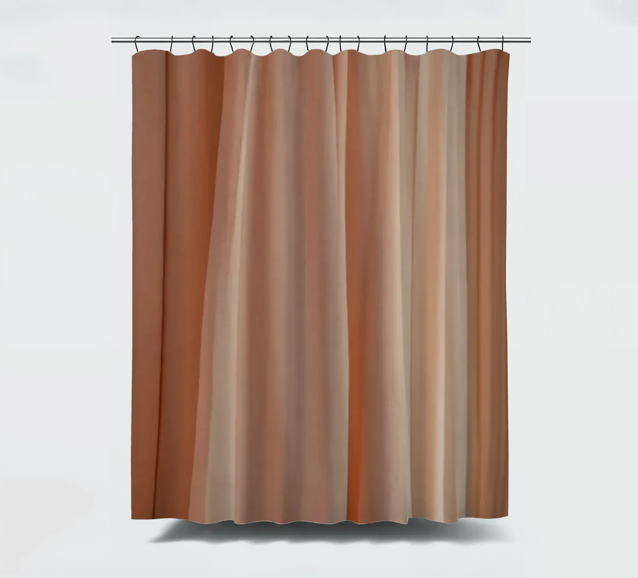 Zachte perzikkleurige stof drapeert elegant in natuurlijk licht douchegordijn van DesignDoodle