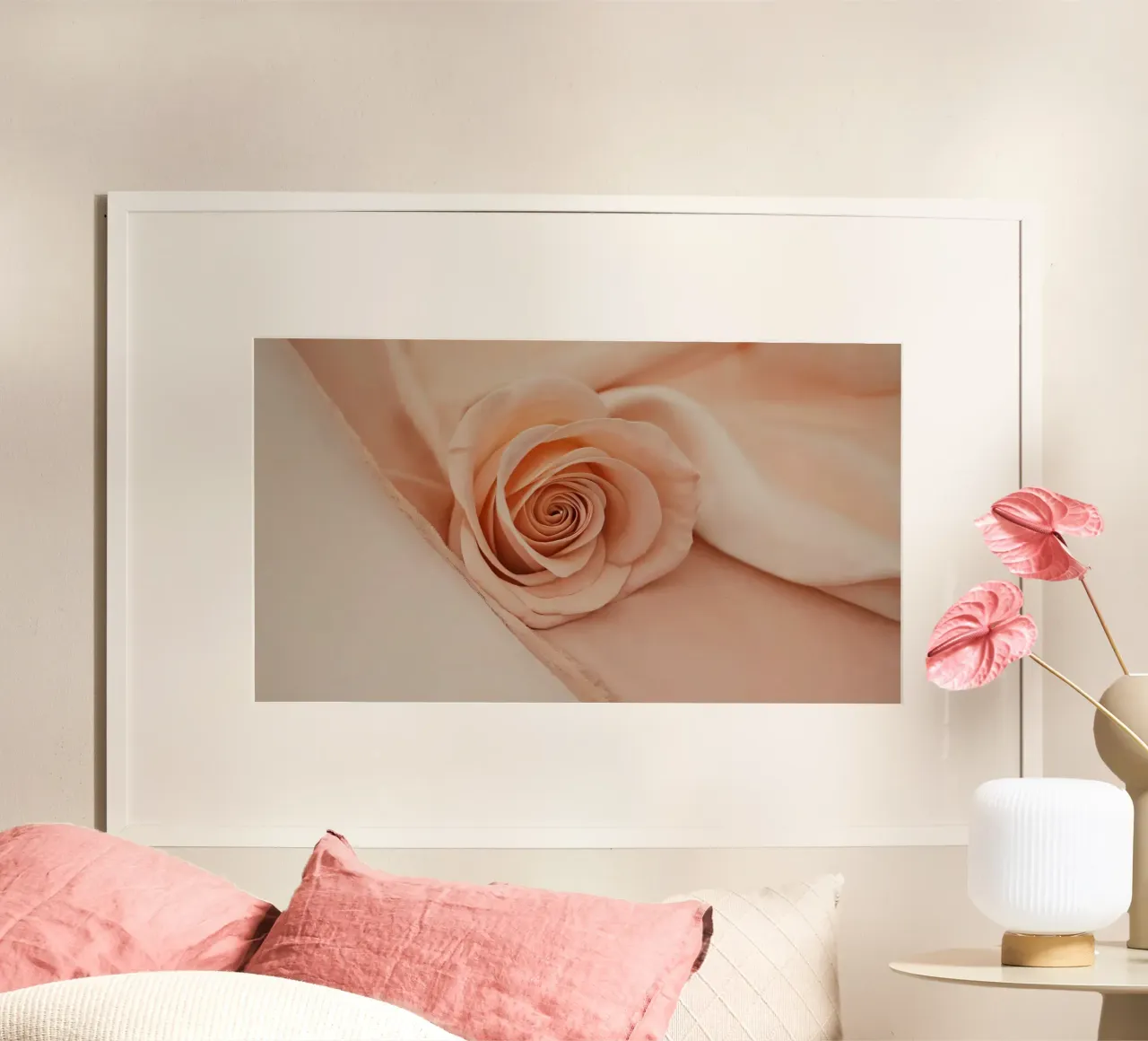 Zachte perzikkleurige roos op delicate stof poster van DesignDoodle