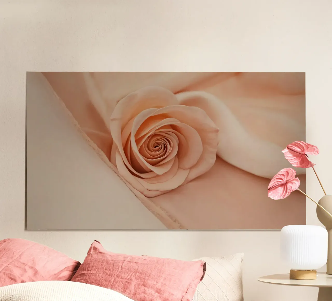Zachte perzikkleurige roos op delicate stof poster van DesignDoodle