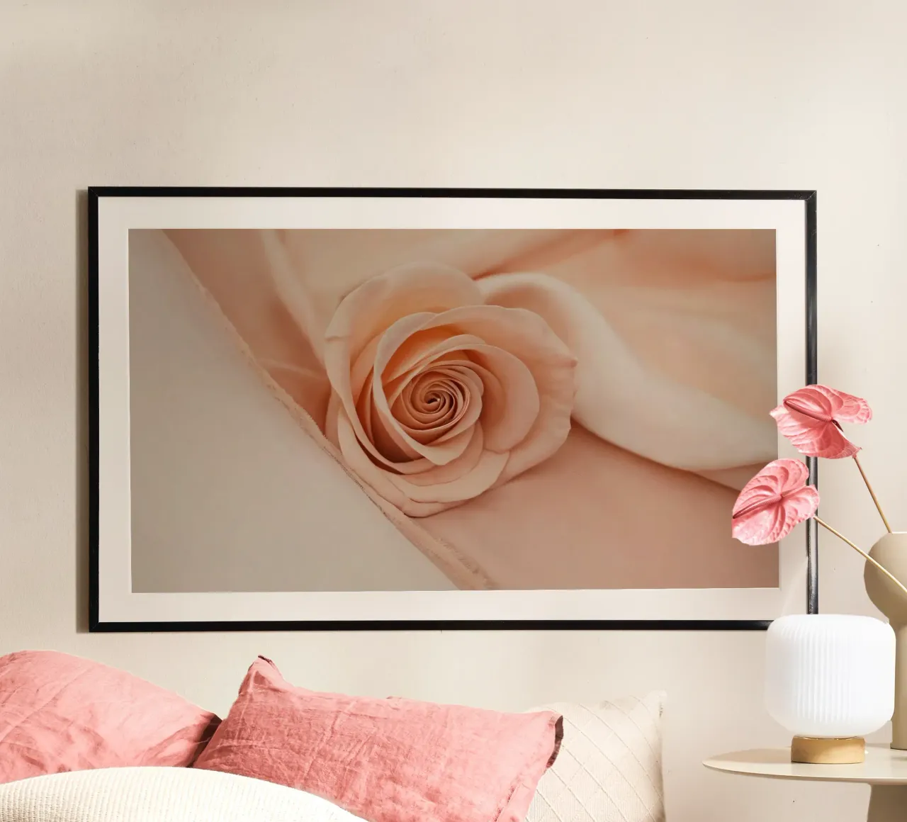 Zachte perzikkleurige roos op delicate stof poster van DesignDoodle