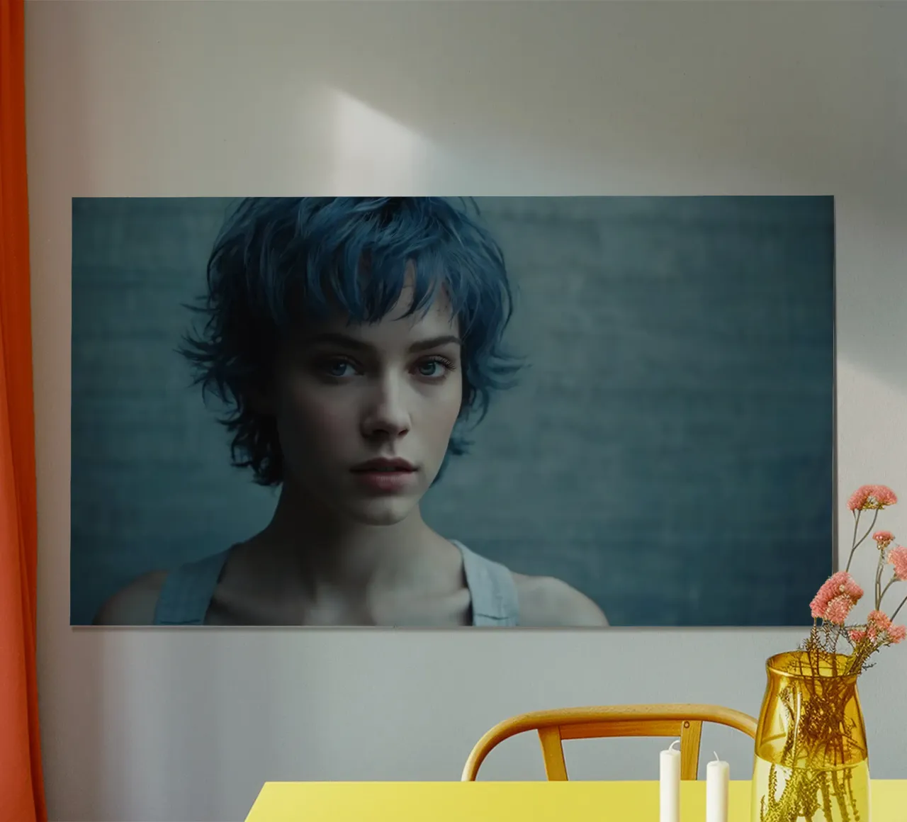 Giovane con i capelli blu che indossa una canottiera grigia poster da DesignDoodle