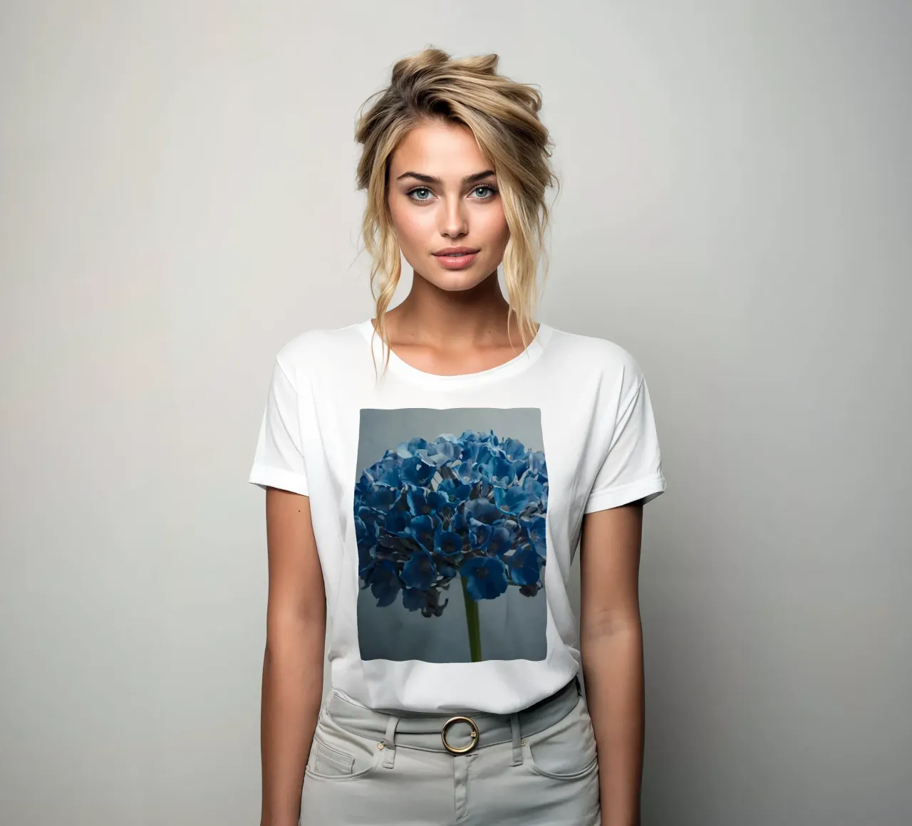 Bright blue hydrangea blooms against a textured background women's fitted t-shirt by DesignDoodle