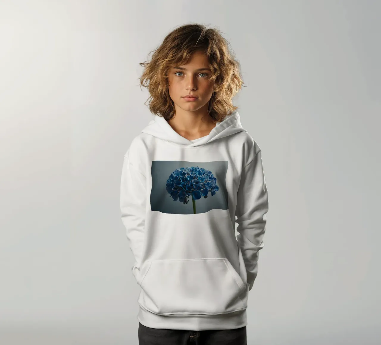 Bright blue hydrangea blooms against a textured background kids hoodie by DesignDoodle