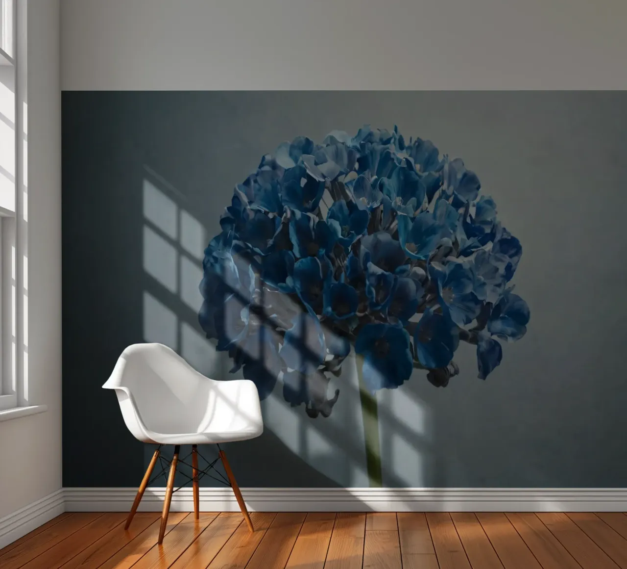 Bright blue hydrangea blooms against a textured background photo wallpaper by DesignDoodle