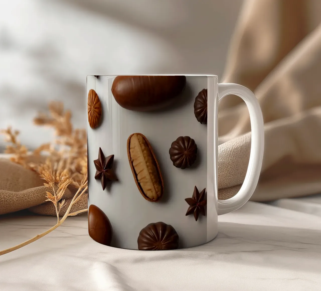 Sortiment sortierter Pralinen auf hellem Hintergrund Keramik Tasse von DesignDoodle