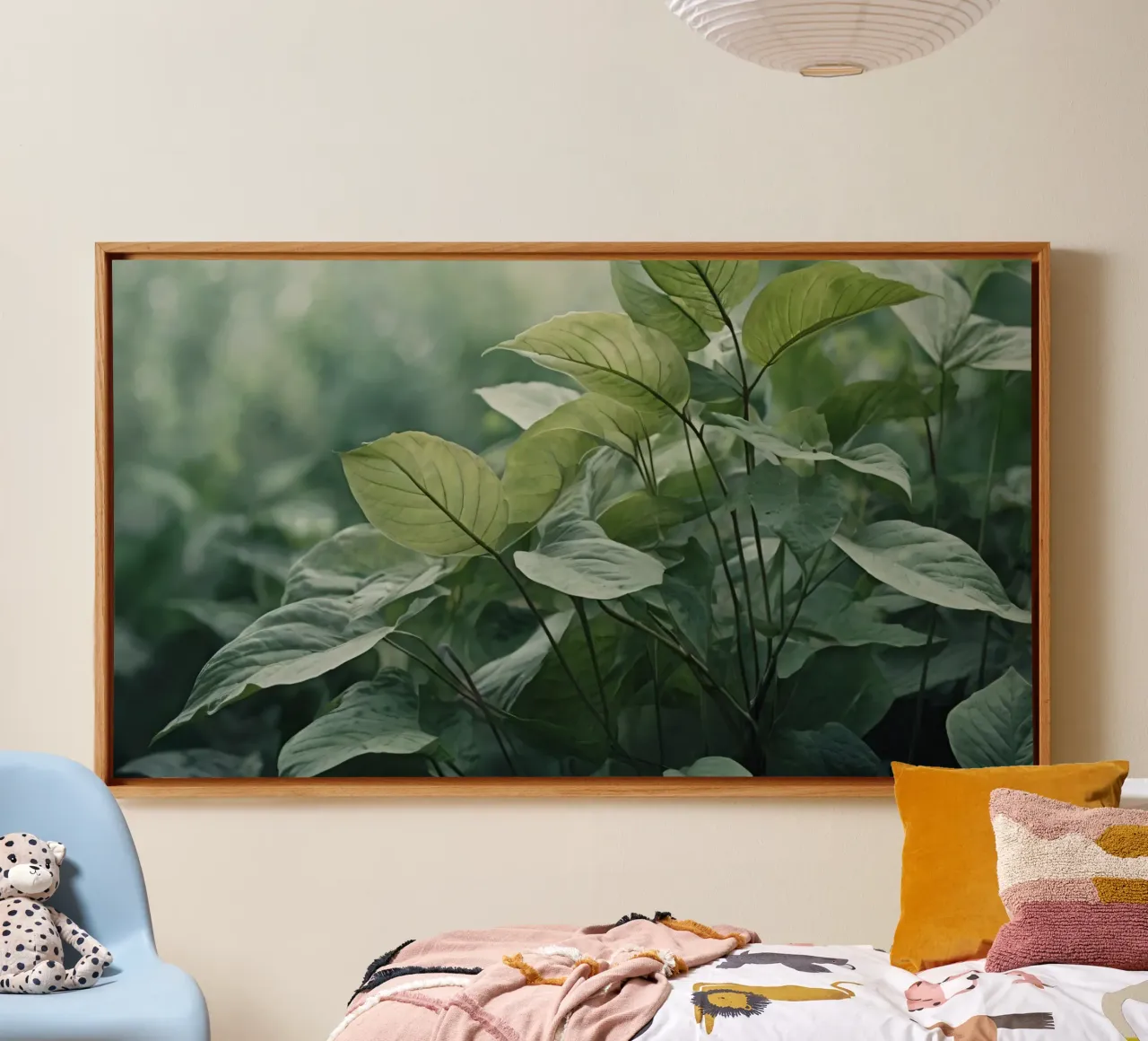 Lush green leaves basking in soft sunlight in serene nature canvas by DesignDoodle