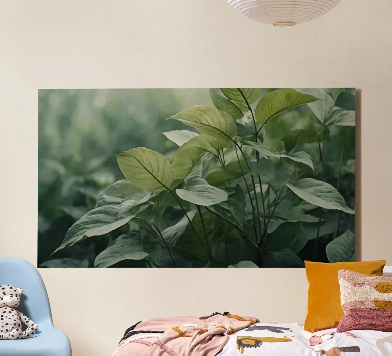 Lush green leaves basking in soft sunlight in serene nature canvas by DesignDoodle