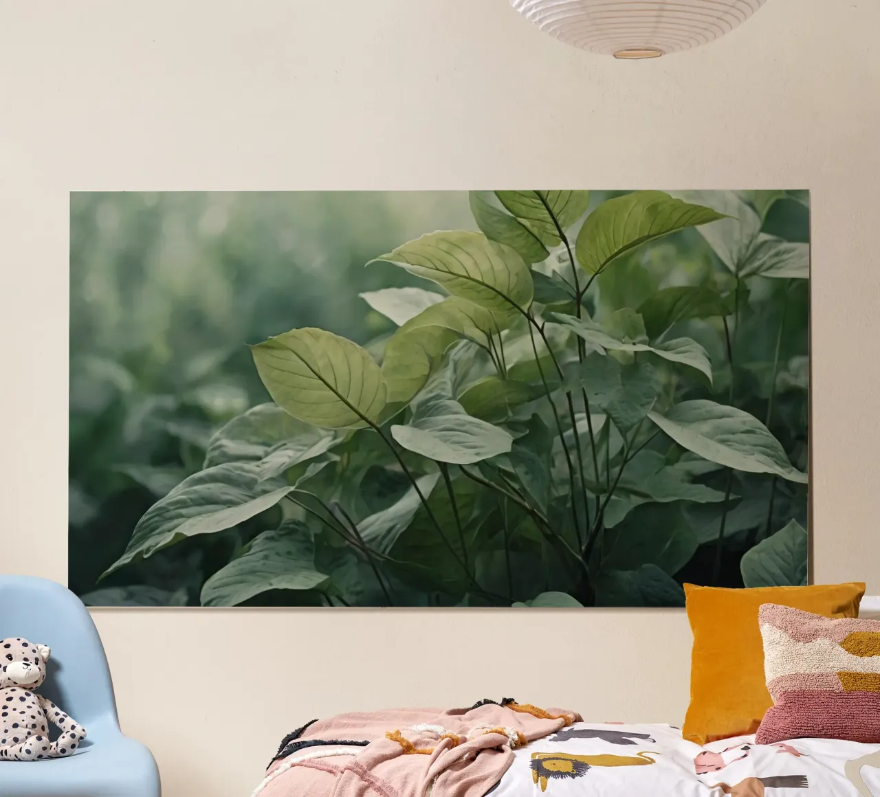 Feuilles vertes luxuriantes baignant dans la lumière douce du soleil dans une nature sereine hahnemühle de DesignDoodle