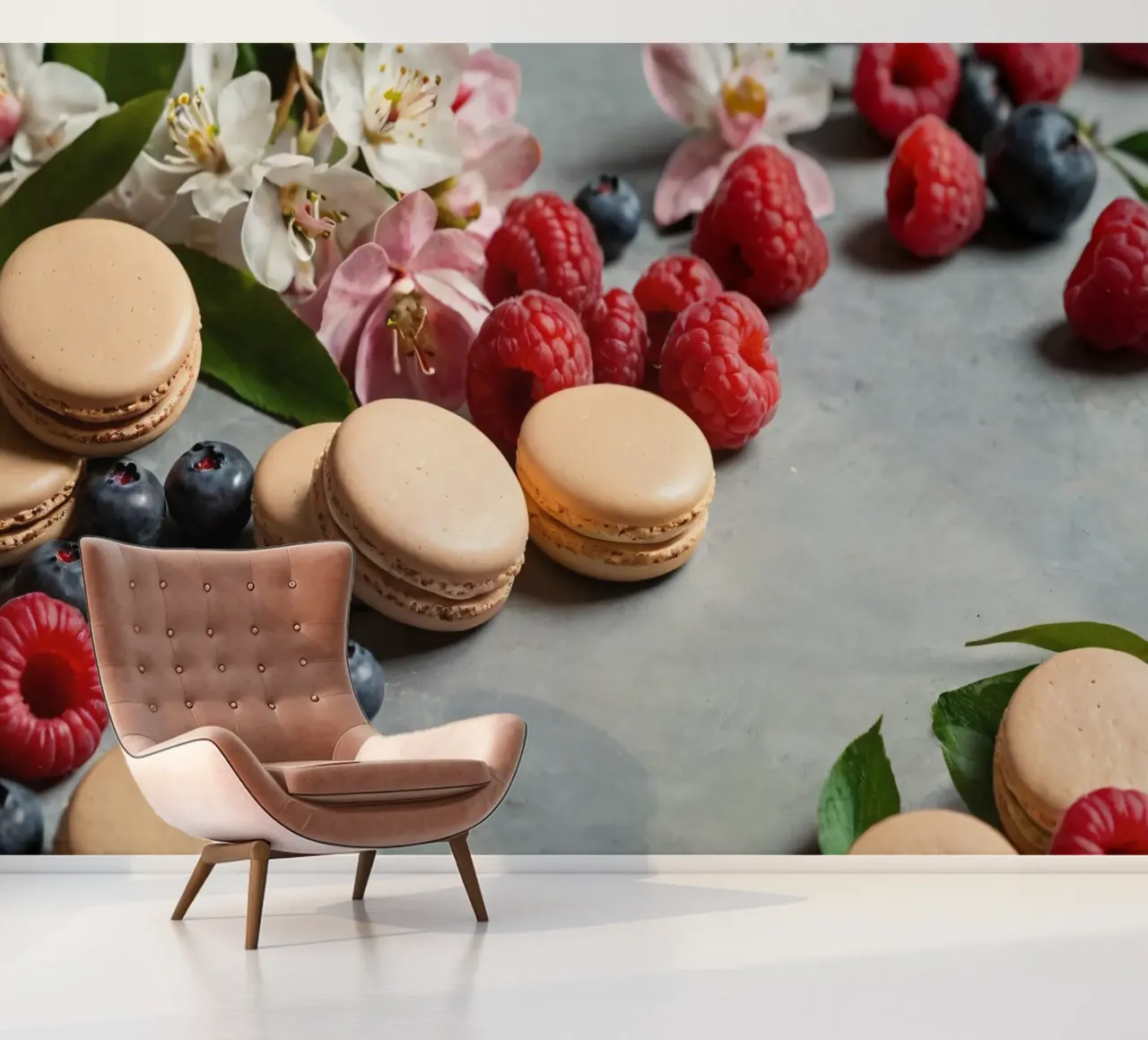 Freshly made macarons surrounded by vibrant berries photo wallpaper by DesignDoodle