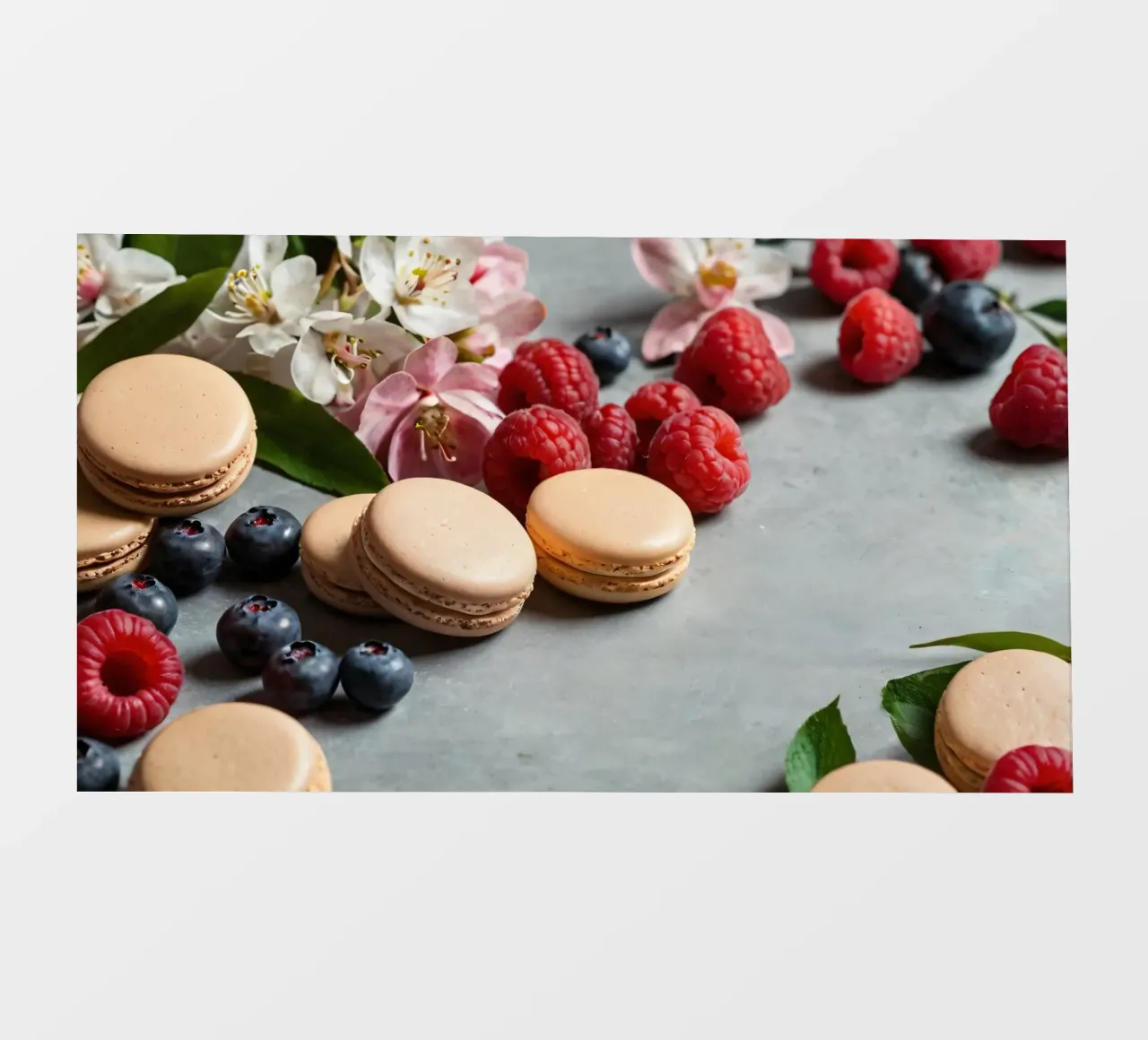 Macarons appena fatti circondati da vivaci frutti di bosco telo in pvc da DesignDoodle