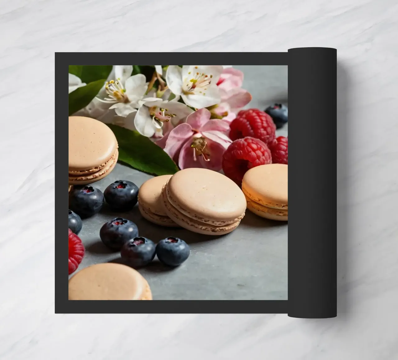 Freshly made macarons surrounded by vibrant berries doormat by DesignDoodle