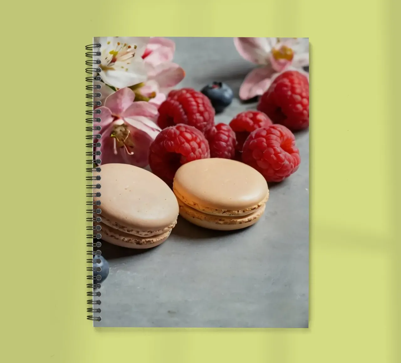 Freshly made macarons surrounded by vibrant berries spiral notebook by DesignDoodle