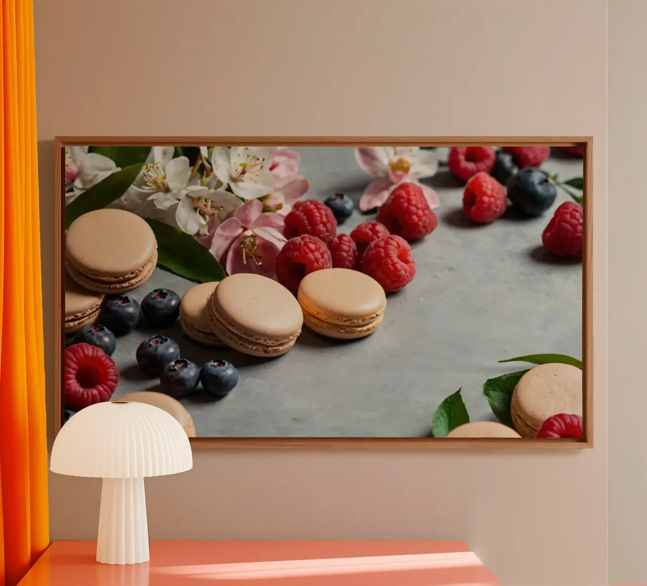 Freshly made macarons surrounded by vibrant berries canvas by DesignDoodle