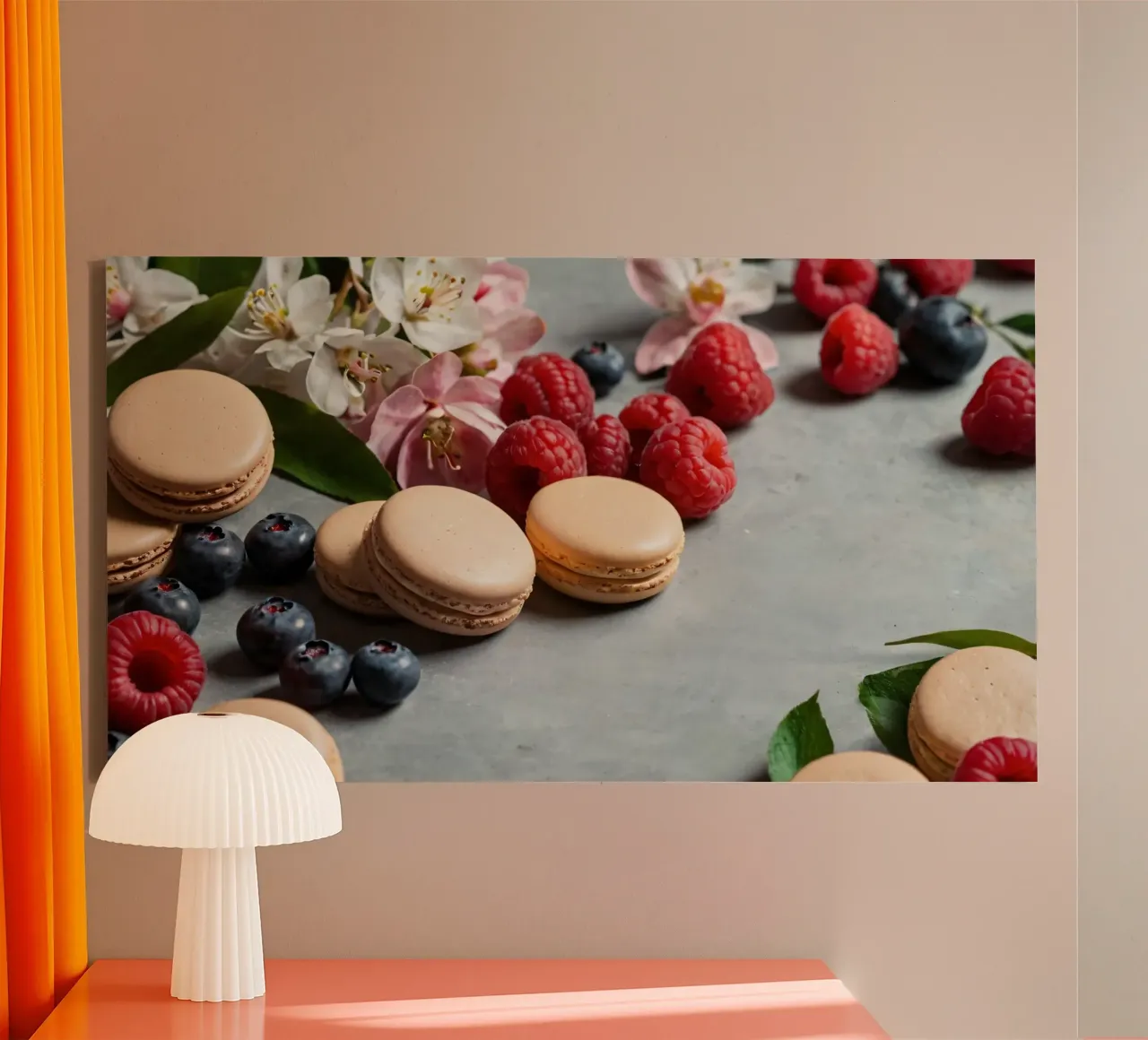 Freshly made macarons surrounded by vibrant berries canvas by DesignDoodle