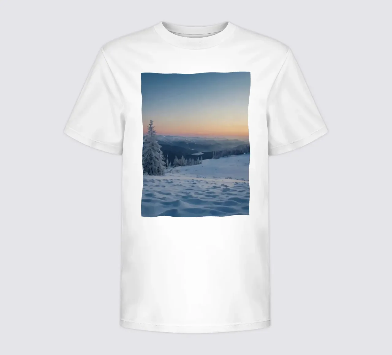 Winter landscape sunrise snow covered trees and mountain kids t-shirt by DesignDoodle