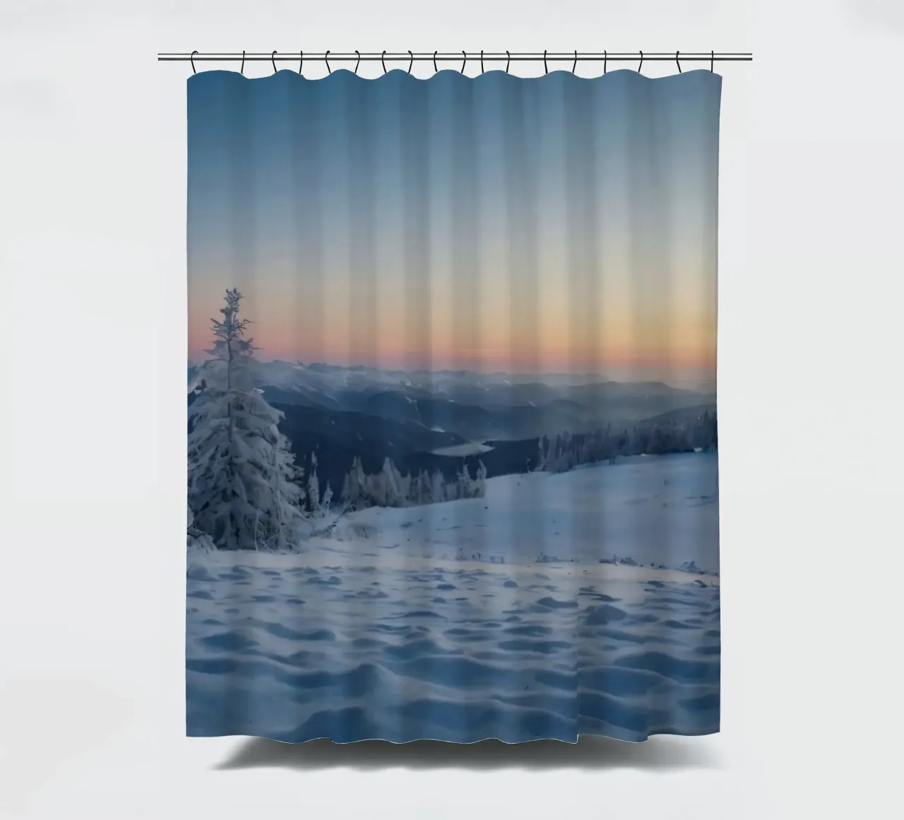 Winter landscape sunrise snow covered trees and mountain shower curtain by DesignDoodle