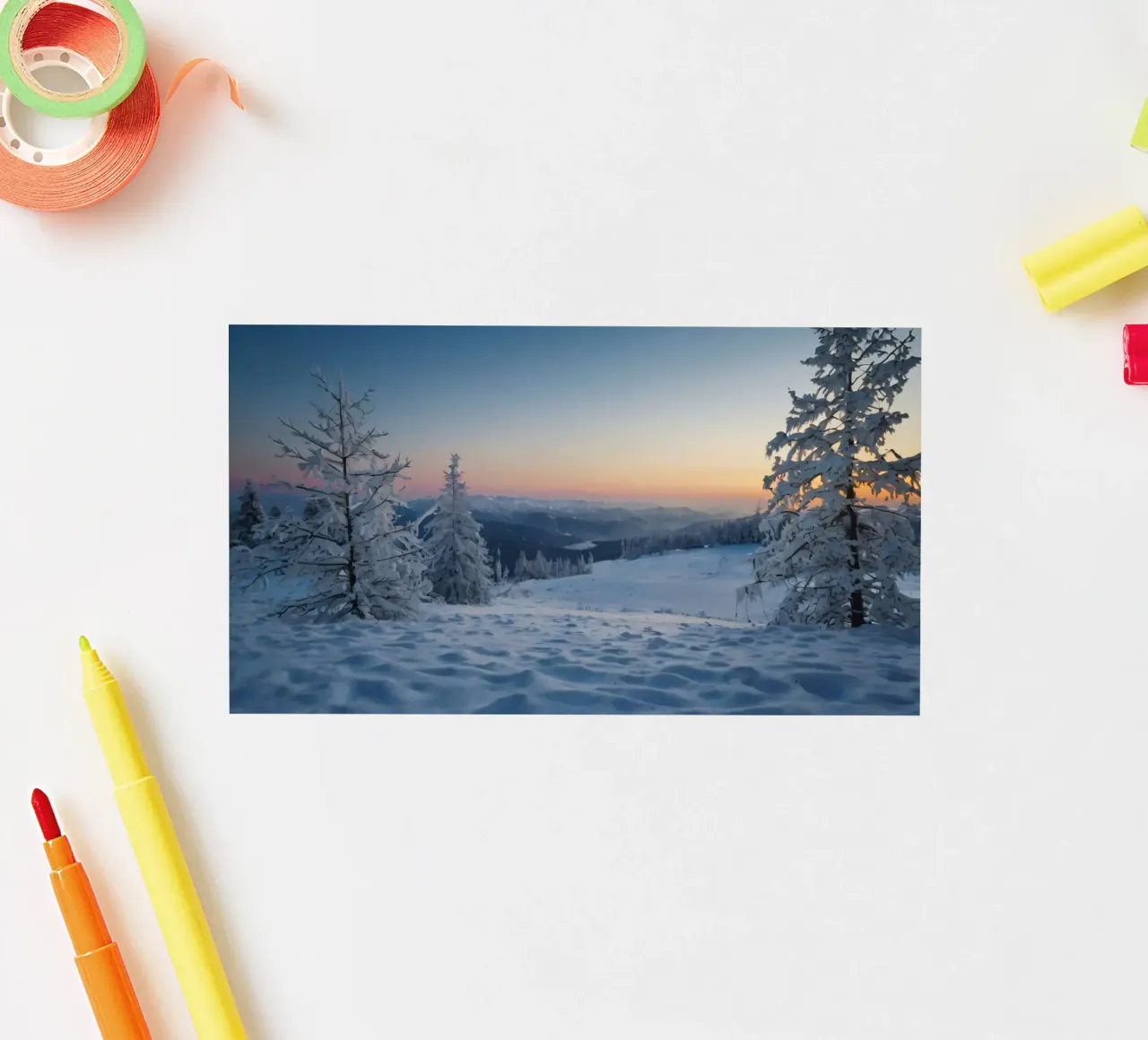 Winter landscape sunrise snow covered trees and mountain sticker by DesignDoodle