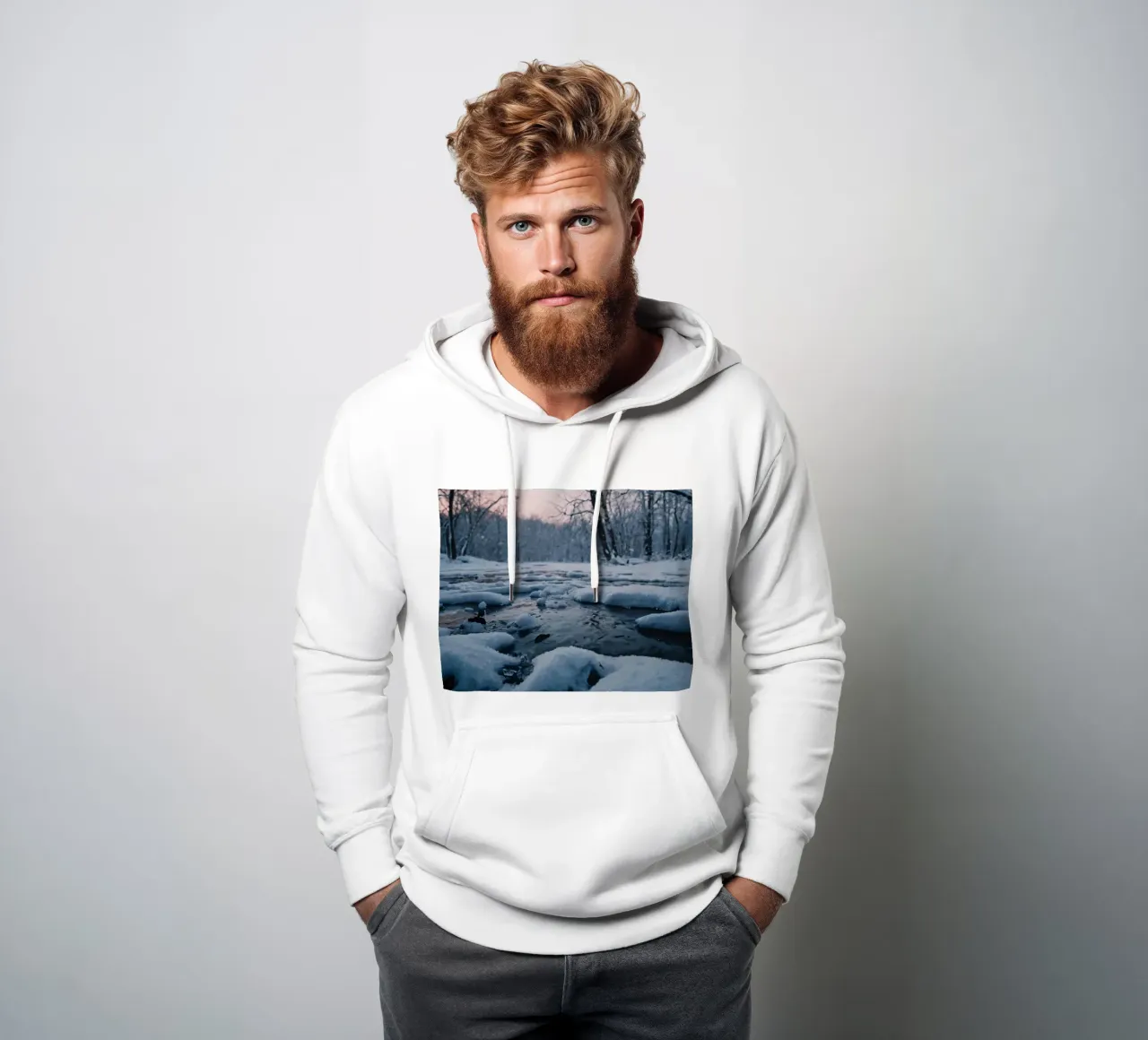 Sereno paesaggio invernale con acqua che scorre circondata da neve felpa con cappuccio da DesignDoodle