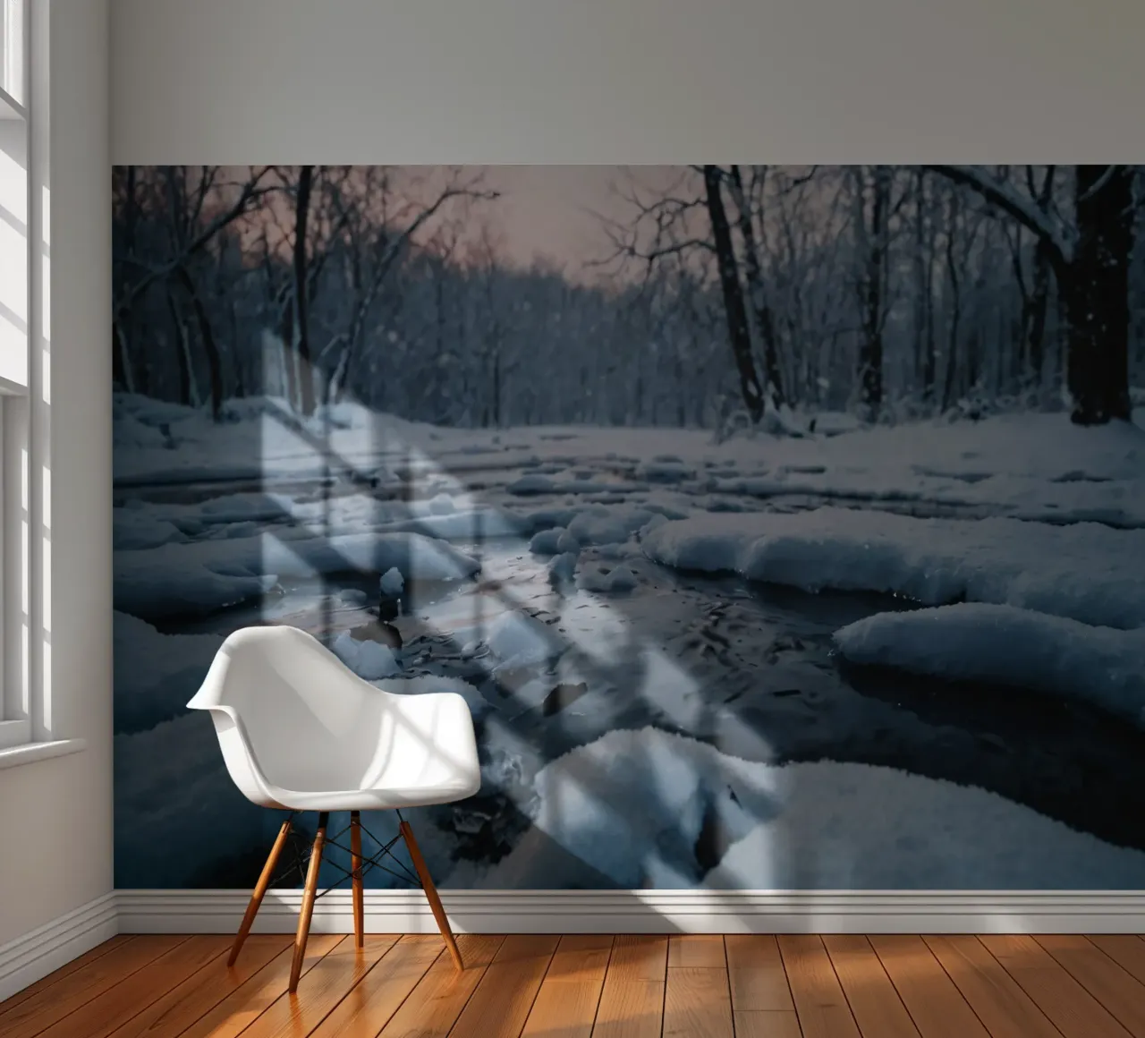 Serene winter landscape with flowing water surrounded snow photo wallpaper by DesignDoodle