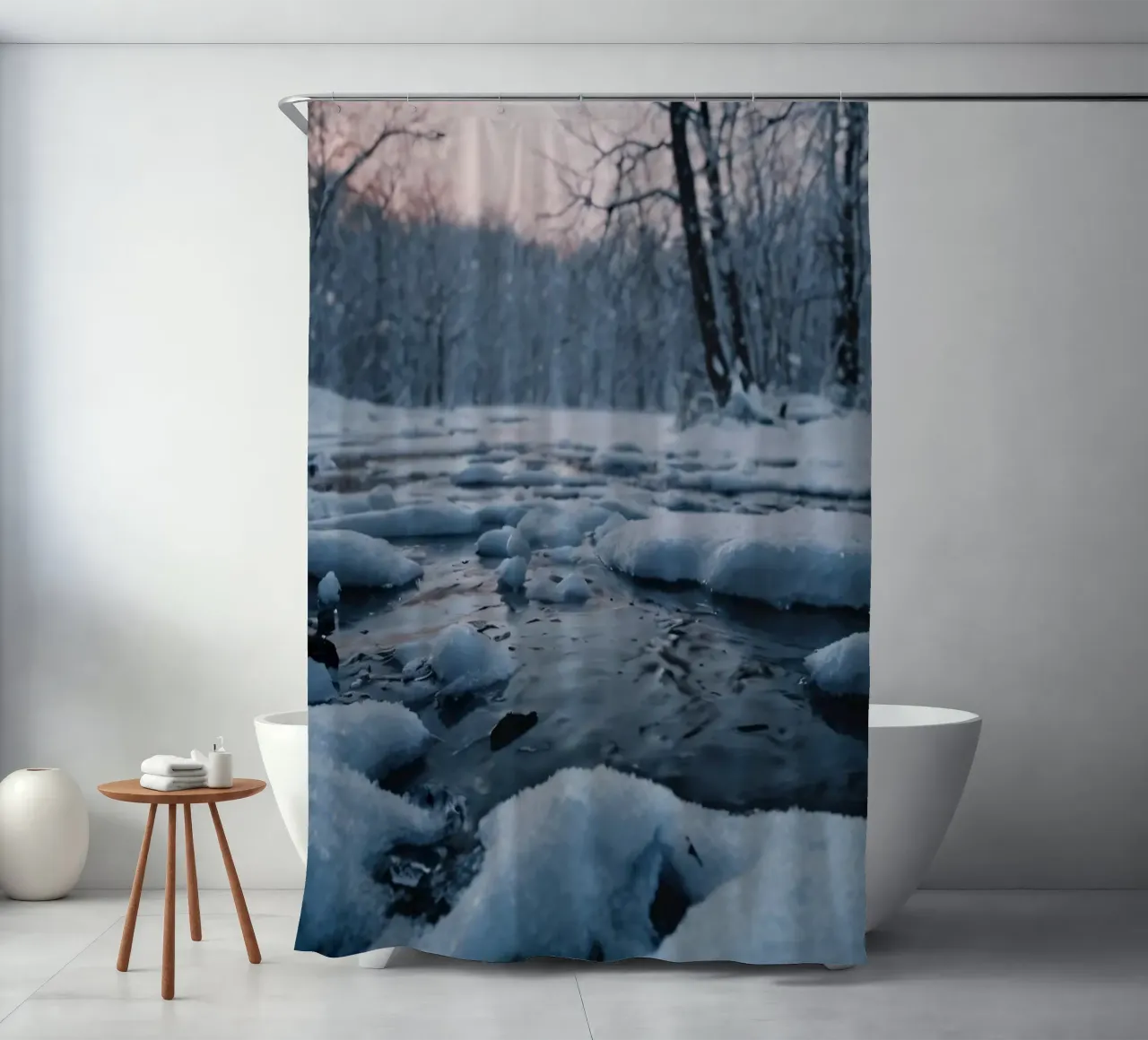 Serene winter landscape with flowing water surrounded snow shower curtain by DesignDoodle