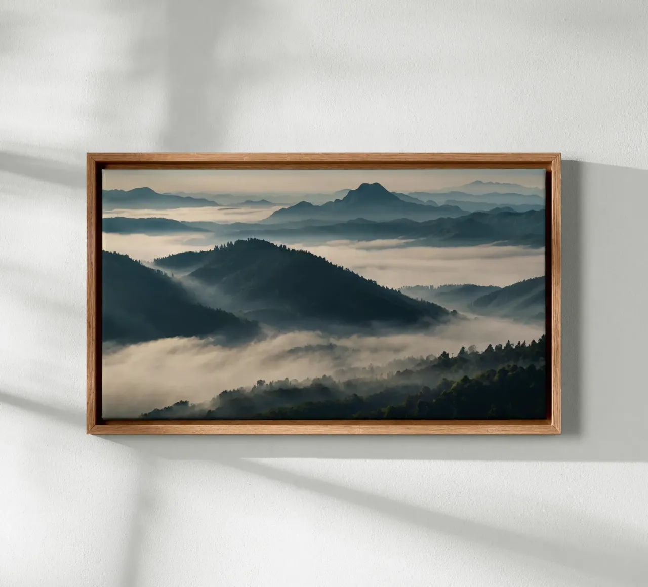 Majestic mountain range shrouded in mist canvas with Floater frame by DesignDoodle